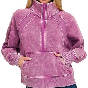 NWT Zenana Light Plum Acid Washed Half Zip Fleece Kangaroo Pocket Crop Pullover